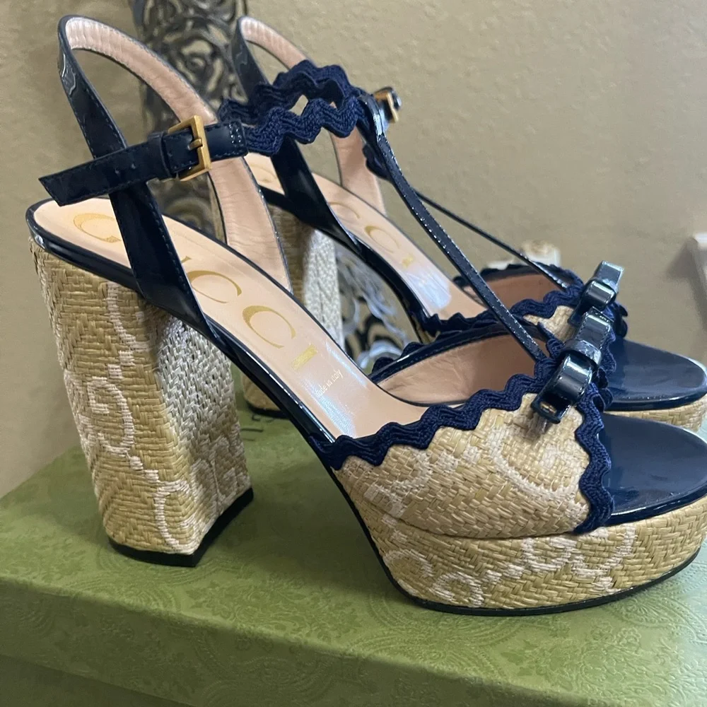 Gucci Natural/Royal Kertu Rafia GG Platform Heels 41.5 - Picture 7 of 12